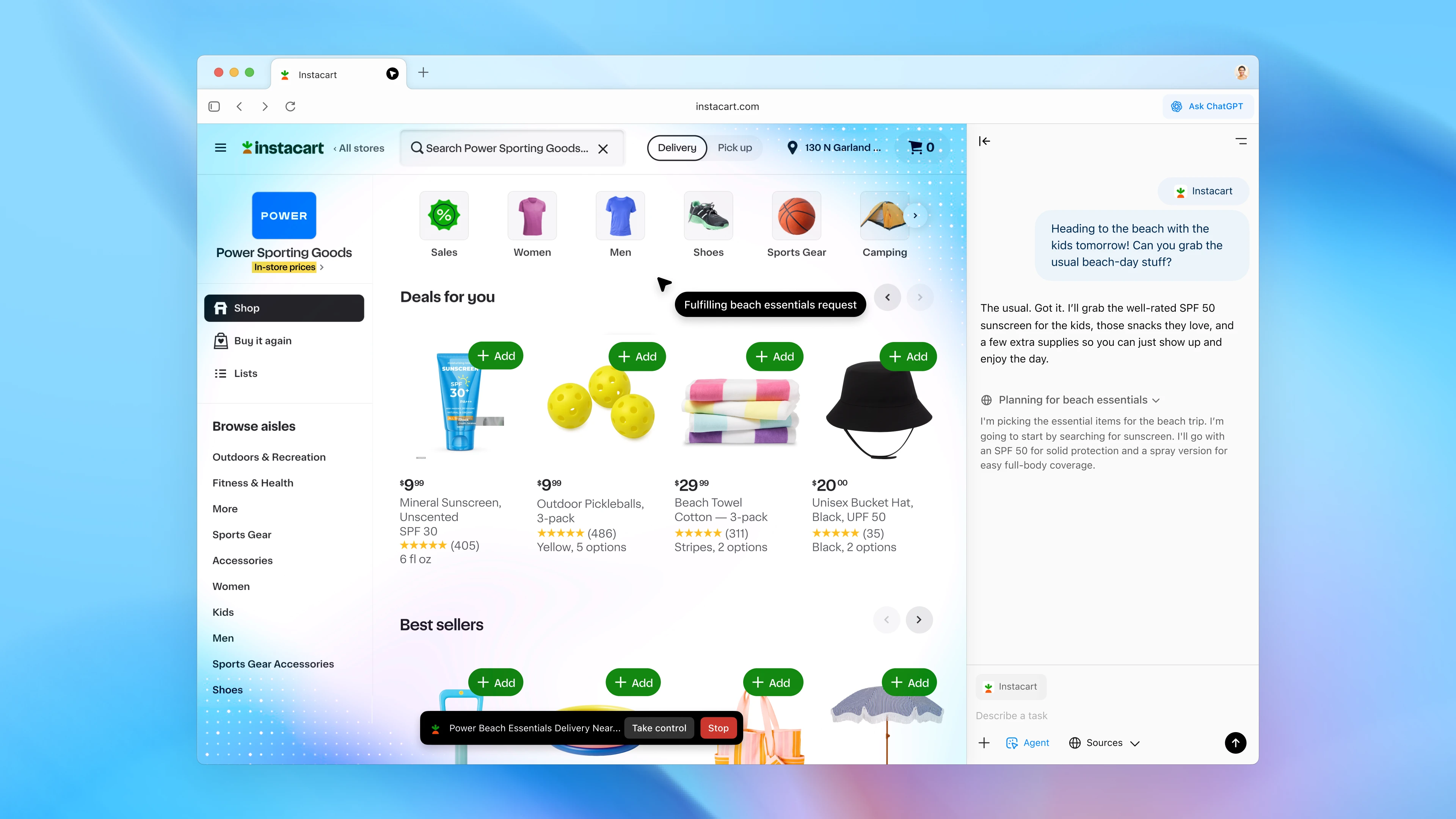 Agent Mode在Instacart上自动添加购物清单,展示AI代理操作能力 Agent Mode购物助手示例